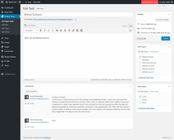 WordPress Project Management Task View